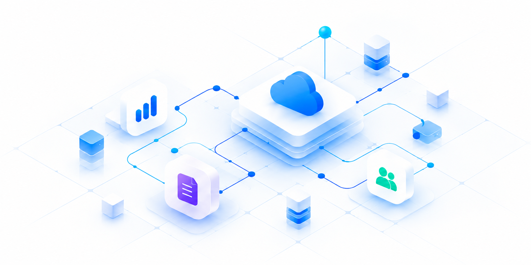 Isometric illustration of a cloud platform connected to analytics, billing, and team tiles
