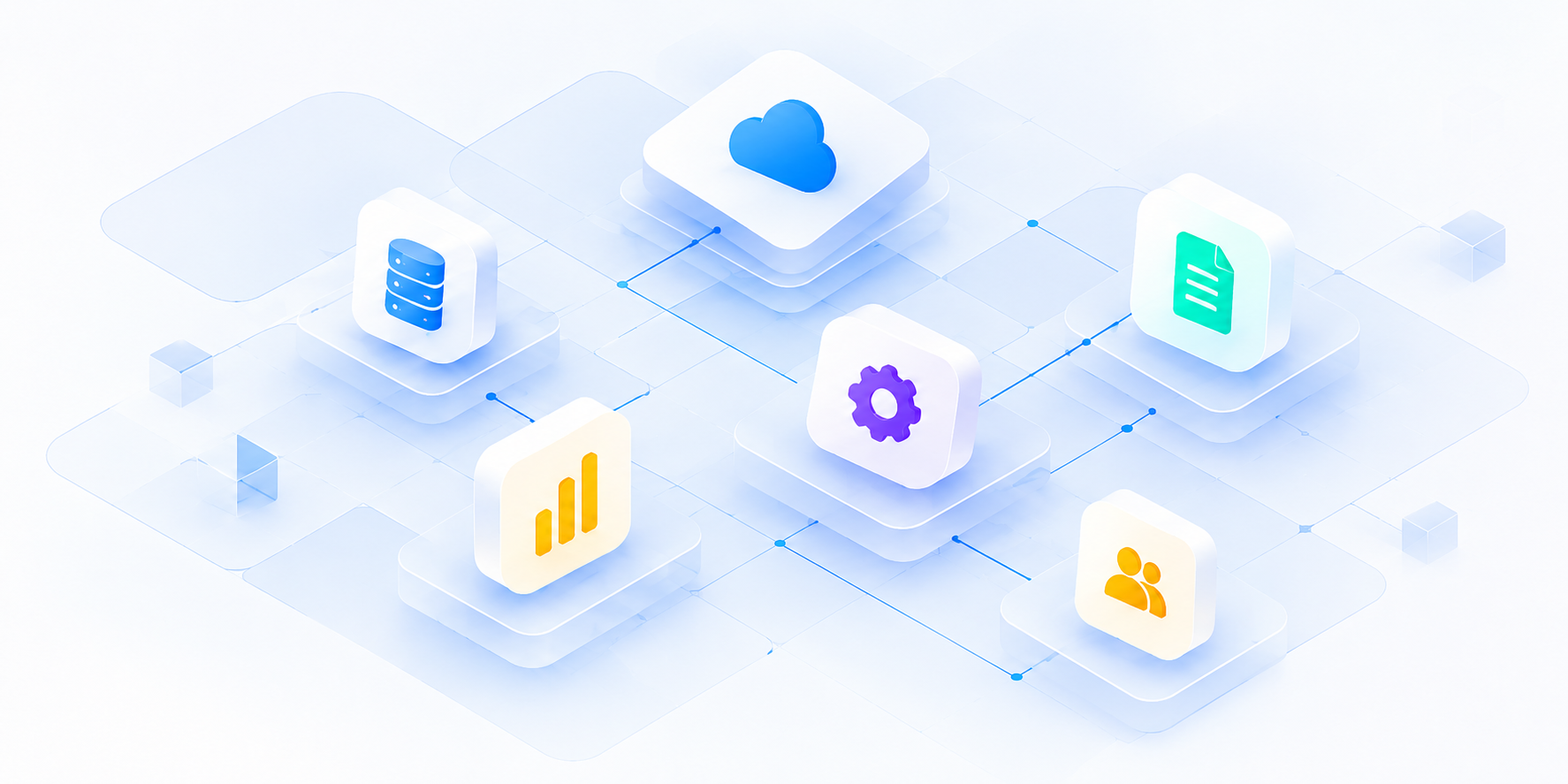 Isometric illustration of connected cloud, database, document, settings, analytics, and team tiles