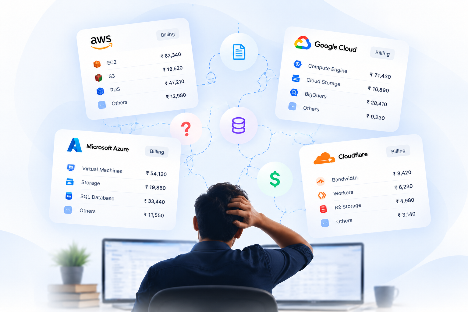 A frustrated engineer surrounded by separate AWS, Google Cloud, Microsoft Azure, and Cloudflare billing statements