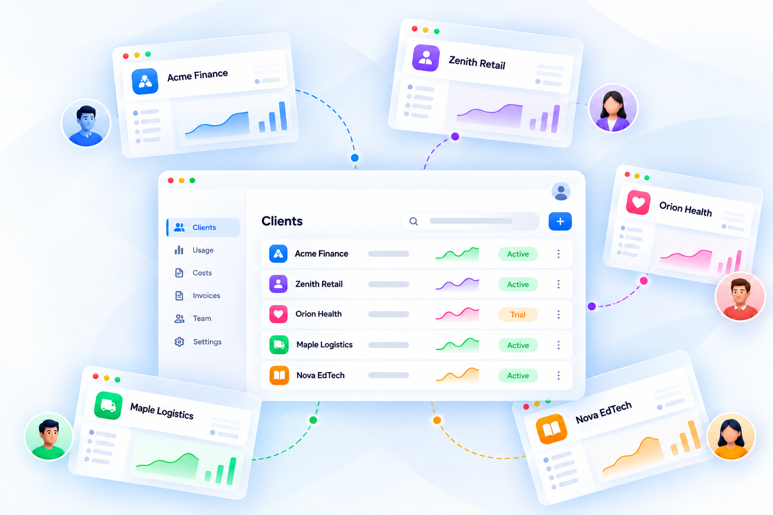 CloudGo clients dashboard listing Acme Finance, Zenith Retail, Orion Health, Maple Logistics, and Nova EdTech with their usage trends