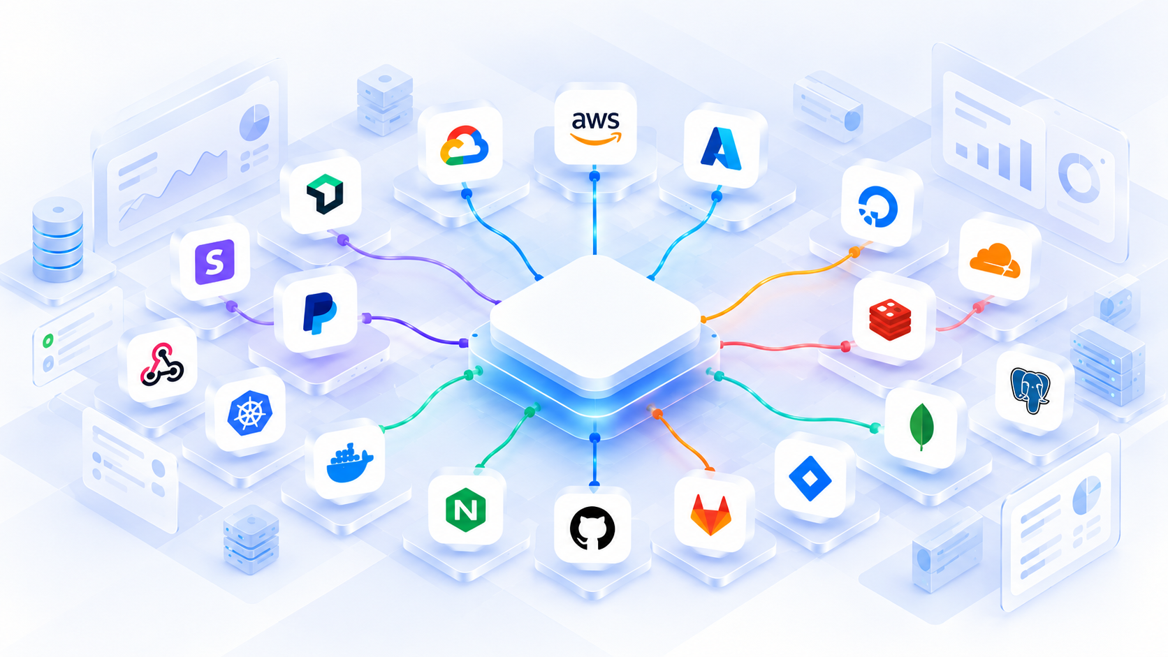 Central integrations hub connected to cloud, database, DevOps, and payment services including AWS, Google Cloud, Azure, GitHub, Docker, and Kubernetes