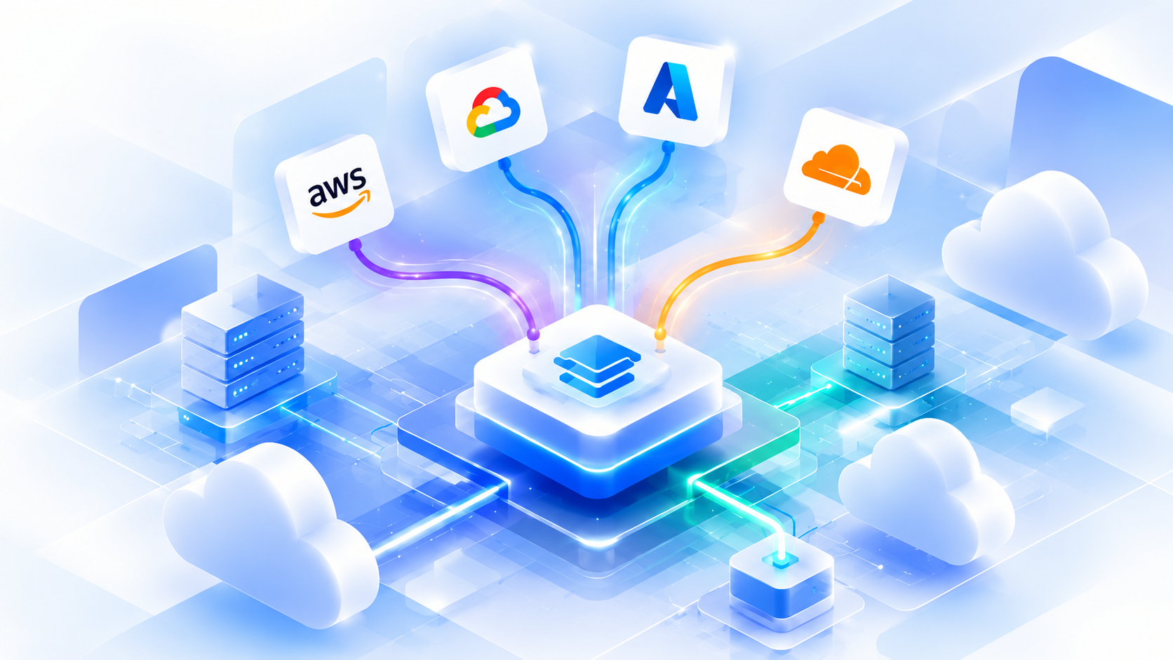 AWS, Google Cloud, Microsoft Azure, and Cloudflare connected into a central CloudGo infrastructure hub